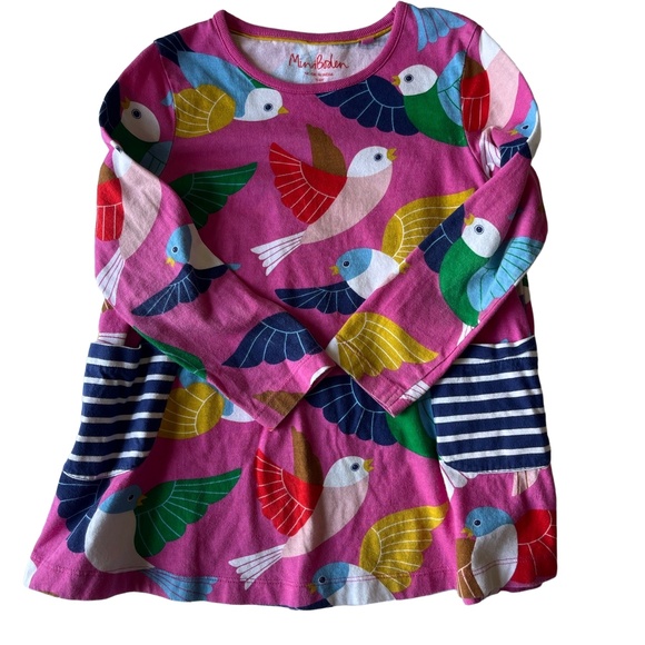 Mini Boden Other - Mini Boden Pink Colorful Bird Print Striped Pockets Long Sleeve Casual Dress 5 6
